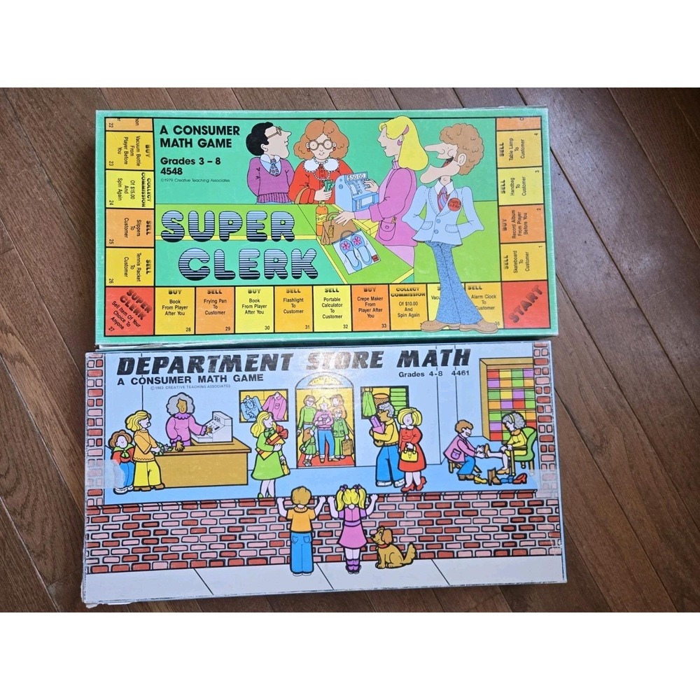 Two VTG Math Board Games Department Store Math & Super Clerk Homeschool Consumer